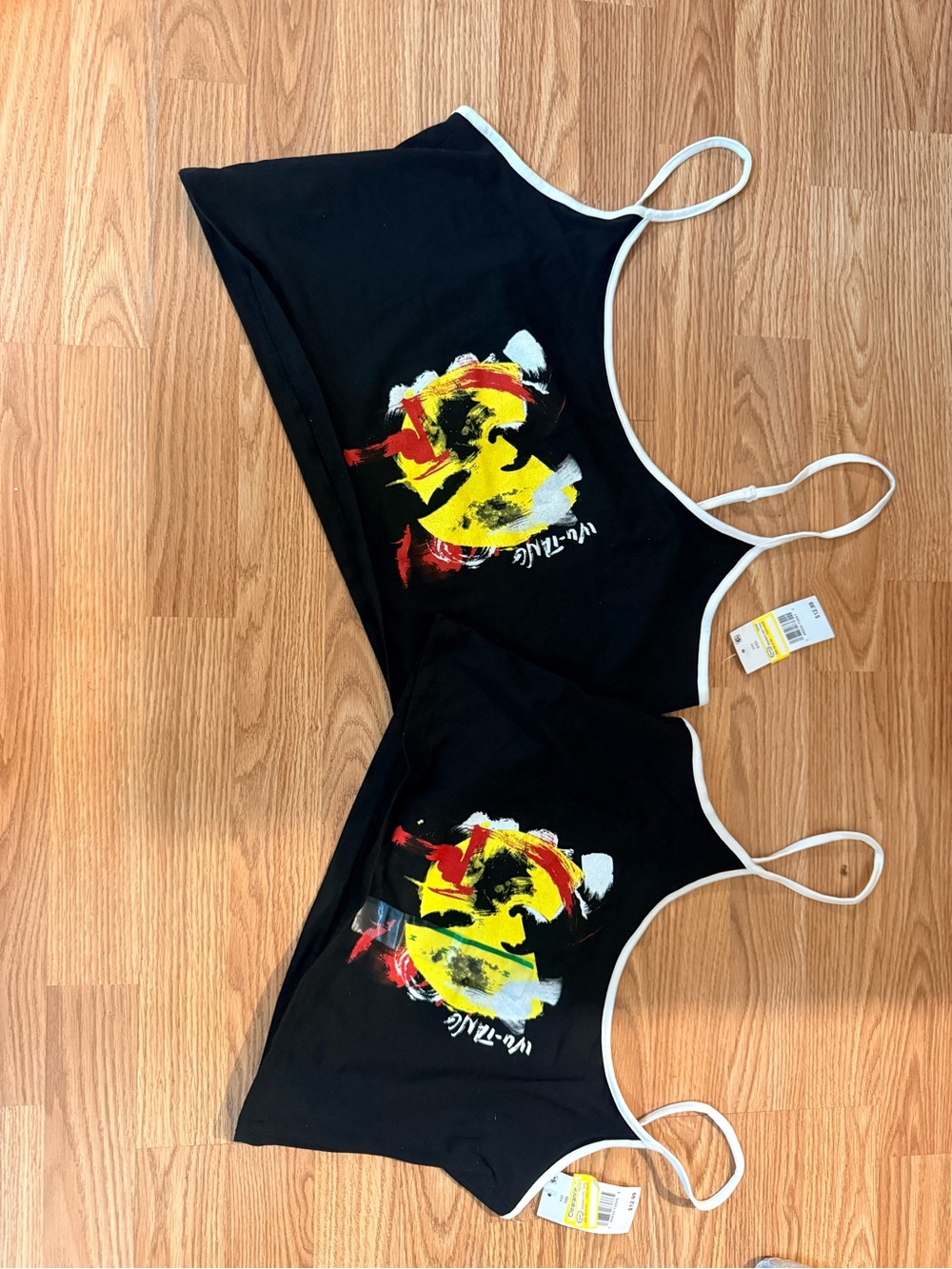 Black Graphic Cropped Tanks with White Trim